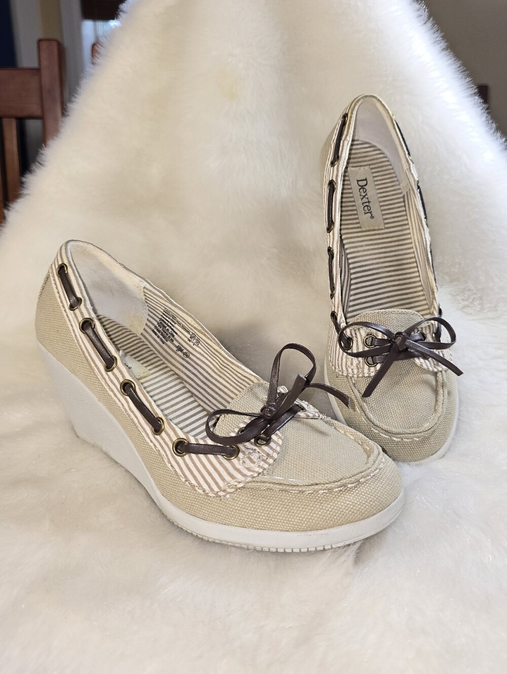 Vintage Dexter Beige Canvas Wedge Loafers with Brown Trim